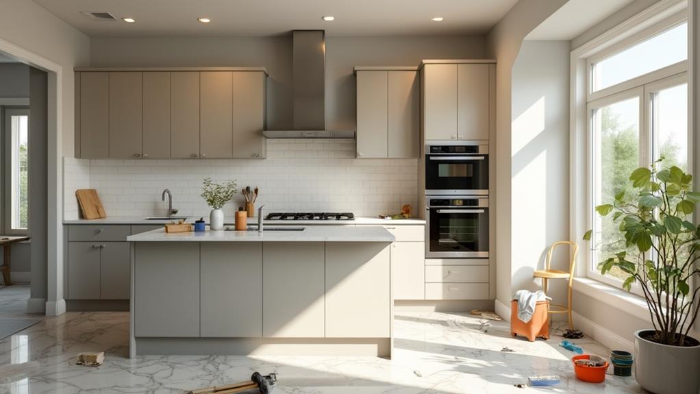 A modern kitchen with white cabinets and a large island. The floor is covered in marble tiles and there is a large window letting in natural light.
