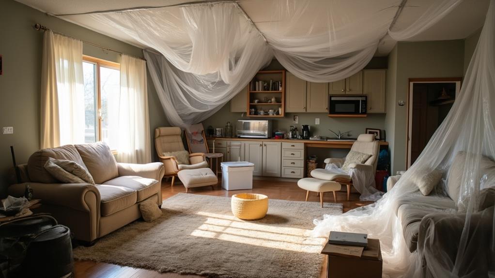 A living room with furniture covered in protective sheets, ready for a remodeling project.